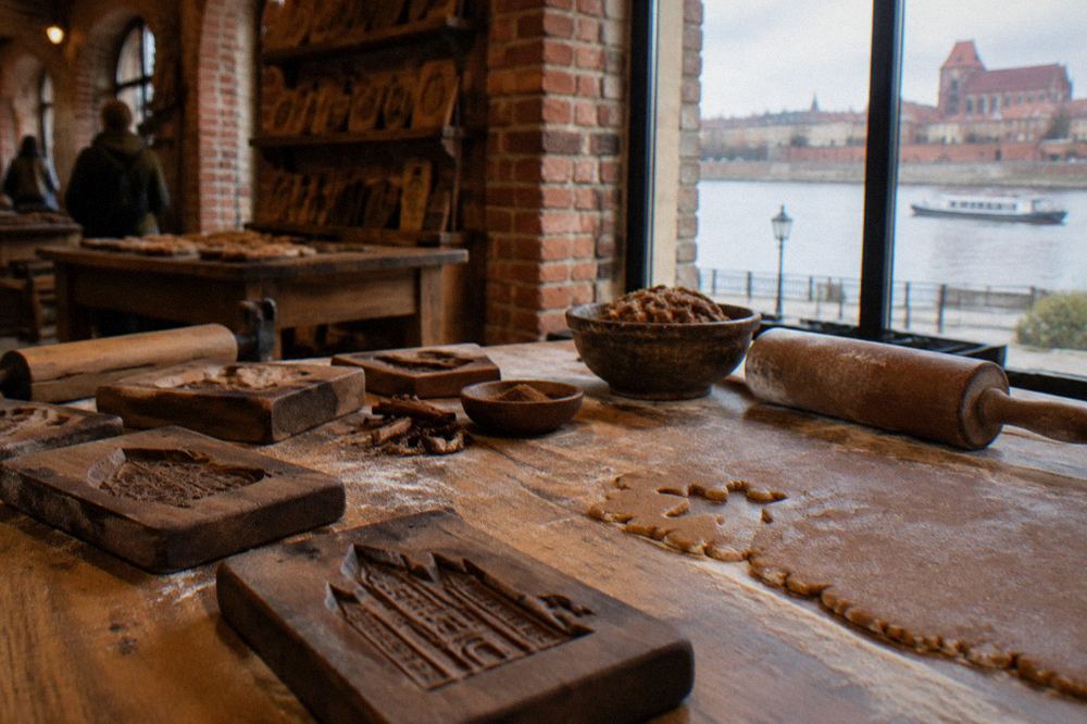 Wooden gingerbread moulds and spiced dough on a bakery table in a Toruń gingerbread museum