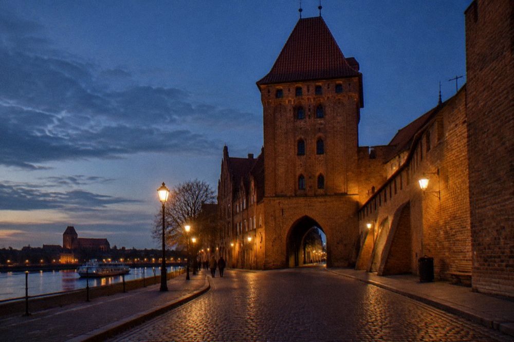 A brick gate tower and medieval city wall along a quiet Toruń street in warm evening light