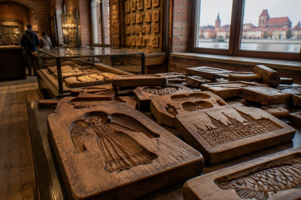 Wooden gingerbread moulds displayed in a Torun gingerbread museum