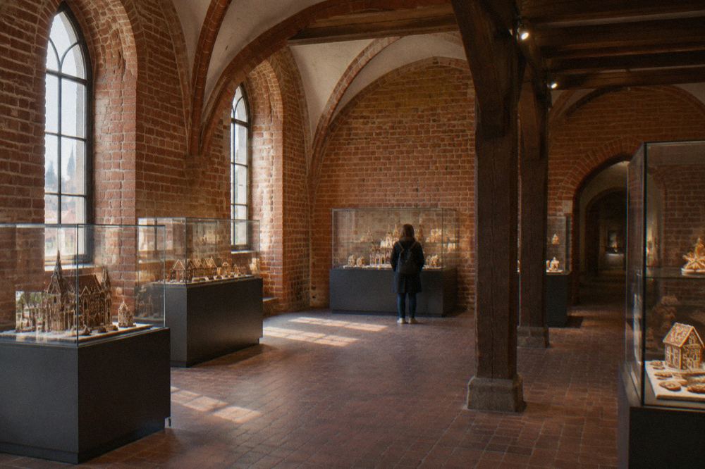 Warm interior of a gingerbread museum workshop with wooden baking tables lit against a dark winter afternoon