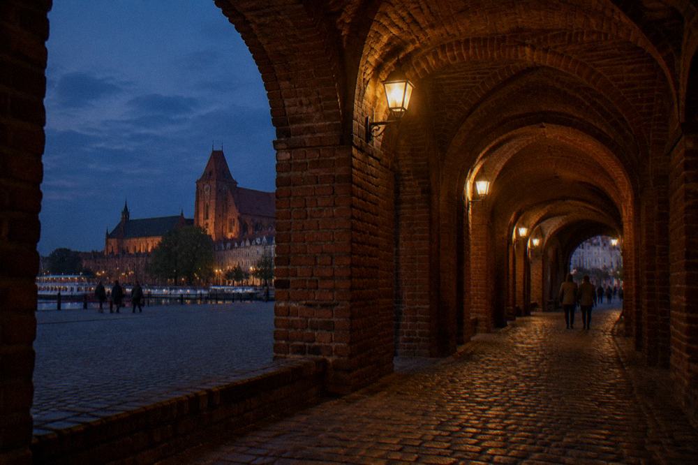 Brick vaulted corridors of a nineteenth century fort lit by lamps at night