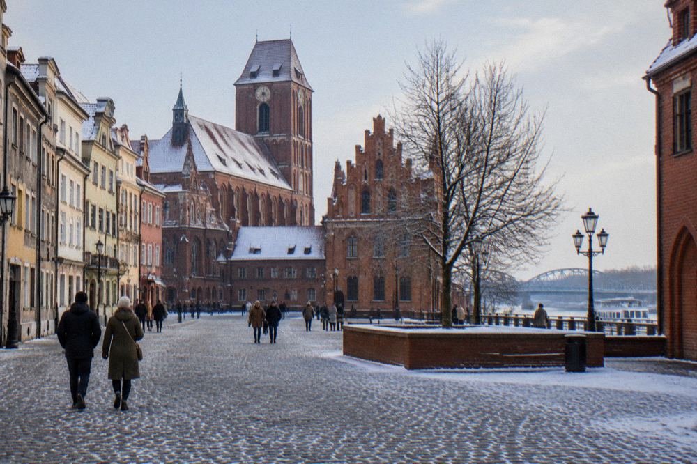 Visitors walking a cobbled medieval street in Toruń with snow on the rooftops in afternoon light
