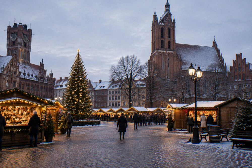 Christmas market stalls with warm lights on a European market square in the early evening