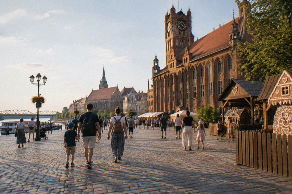 Families walking across the cobblestone main square of Toruń's medieval Old Town on a sunny day