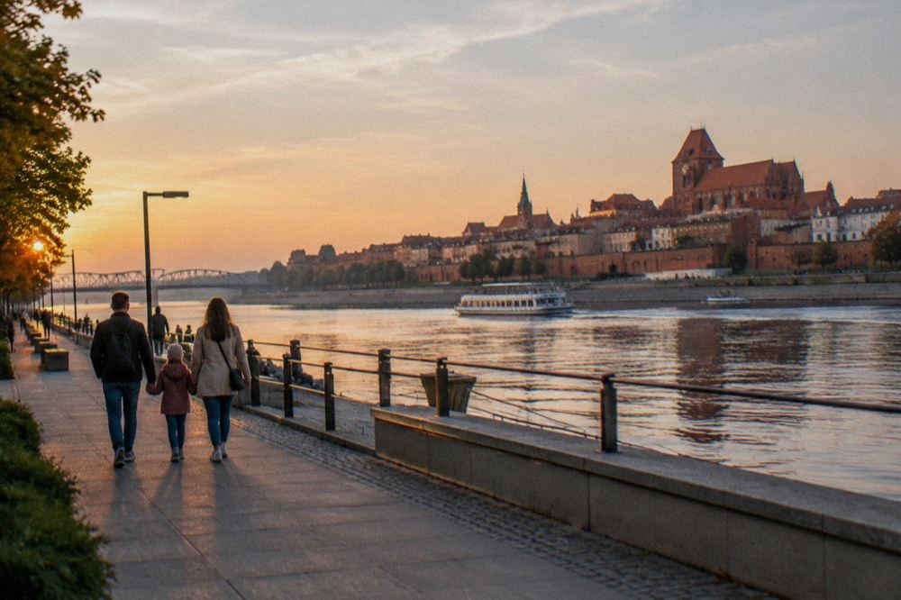 A family walking along a riverside boulevard beside the Vistula in Toruń
