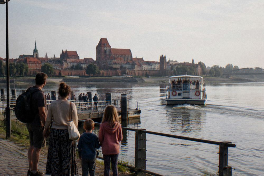 Parents and children watching a boat depart from a riverside dock on the Vistula