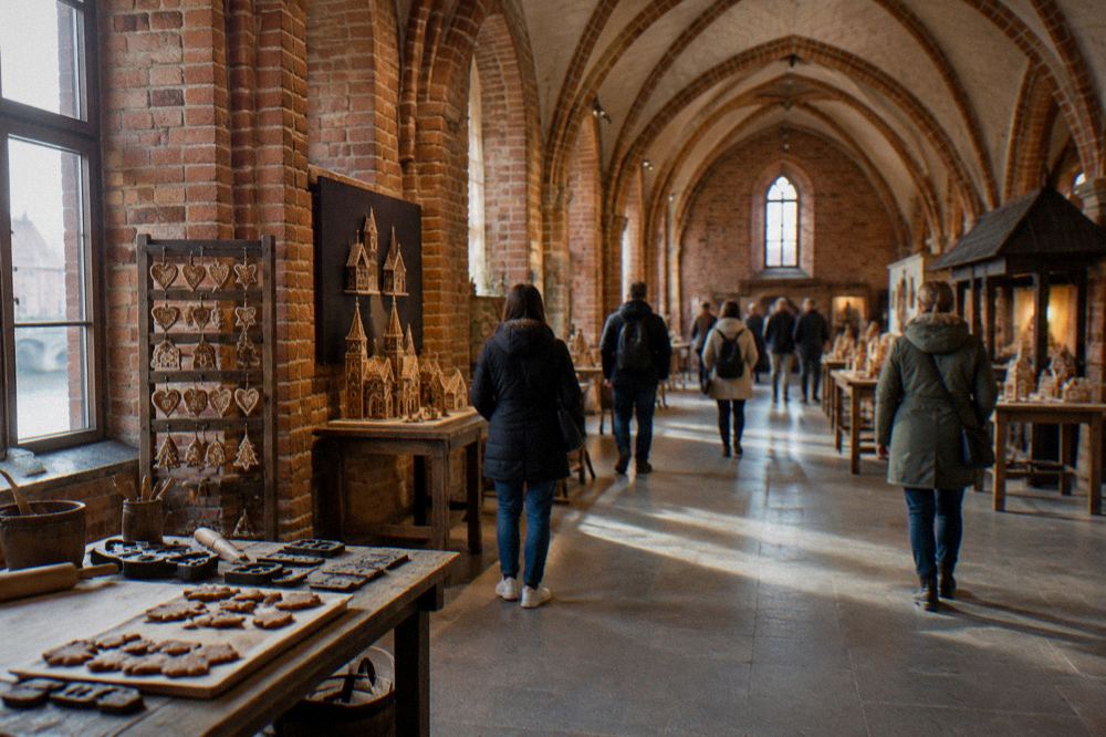 Visitors walking through the brick vaulted halls of a gingerbread museum workshop in Toruń
